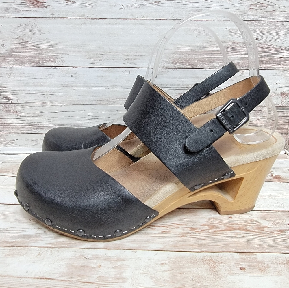 Dansko Thea black leather cutout heel clogs